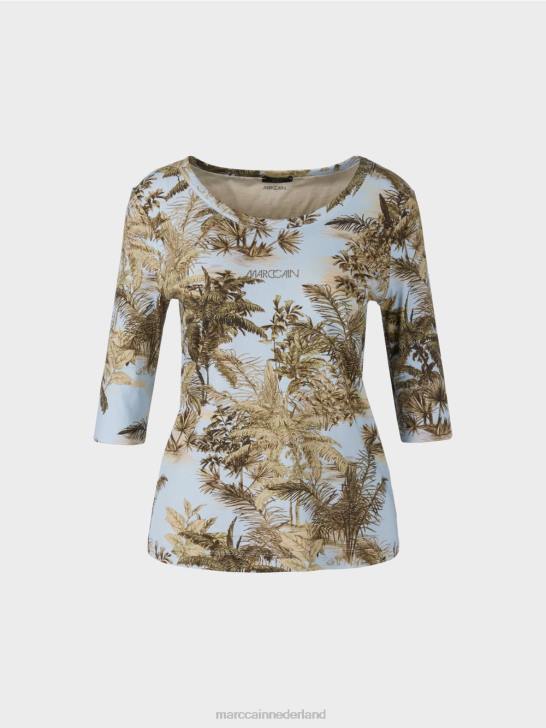 kleding licht poederblauw 464J1412 T-shirt met print in fijn geribd design Marc Cain