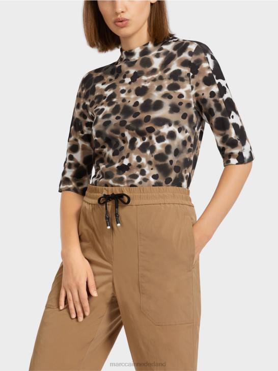 kleding lichte koffie 464J1432 geribbeld t-shirt met luipaarddessin Marc Cain