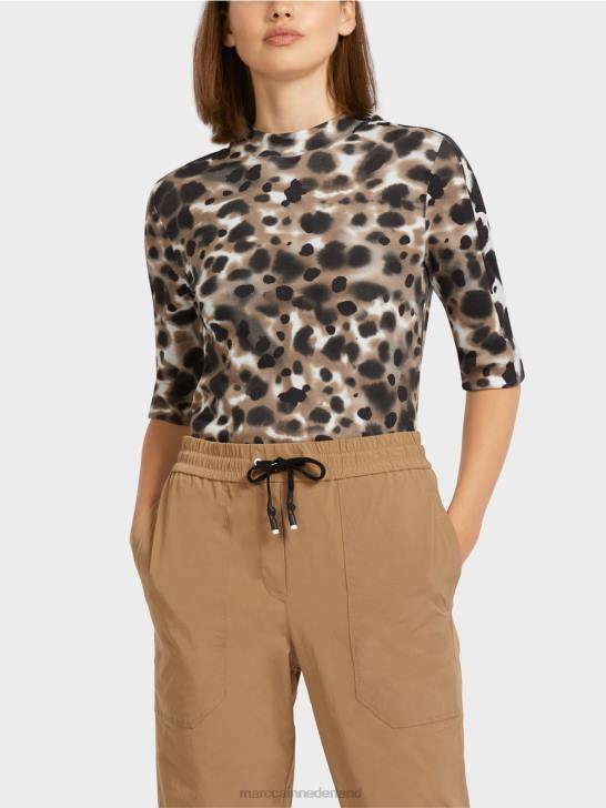 kleding lichte koffie 464J1432 geribbeld t-shirt met luipaarddessin Marc Cain