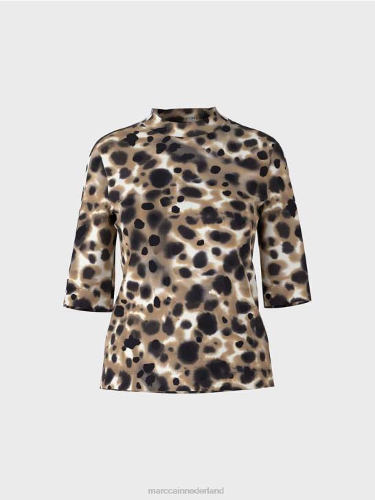 kleding lichte koffie 464J1432 geribbeld t-shirt met luipaarddessin Marc Cain