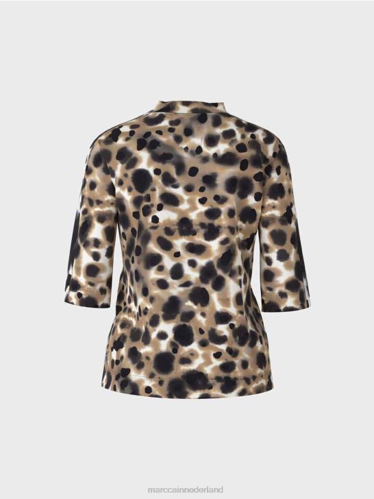 kleding lichte koffie 464J1432 geribbeld t-shirt met luipaarddessin Marc Cain