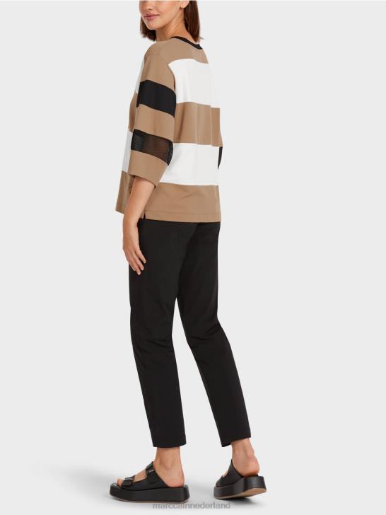 kleding lichte koffie 464J1434 gestreept t-shirt met mesh inzetstukken Marc Cain