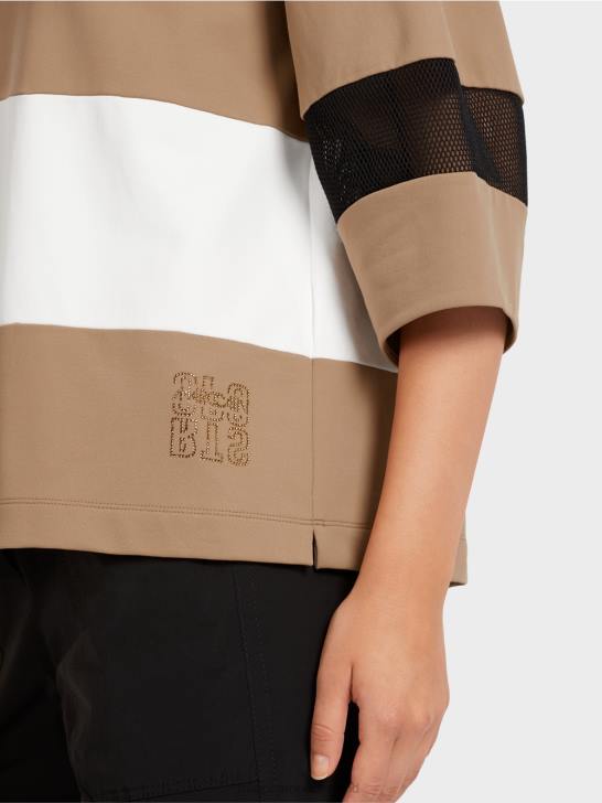 kleding lichte koffie 464J1434 gestreept t-shirt met mesh inzetstukken Marc Cain