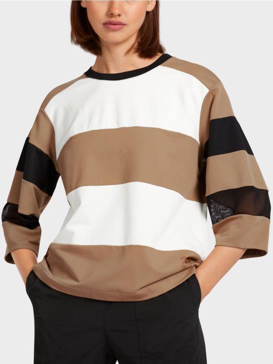 kleding lichte koffie 464J1434 gestreept t-shirt met mesh inzetstukken Marc Cain