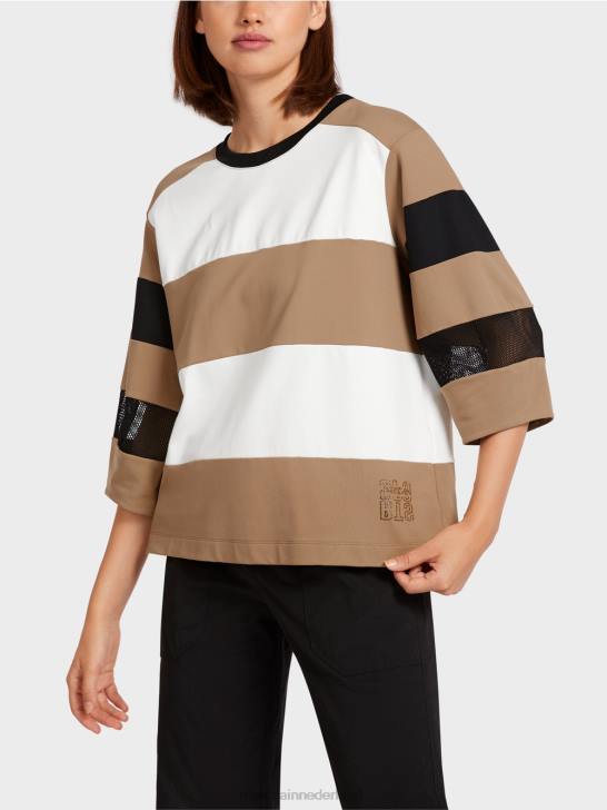 kleding lichte koffie 464J1434 gestreept t-shirt met mesh inzetstukken Marc Cain
