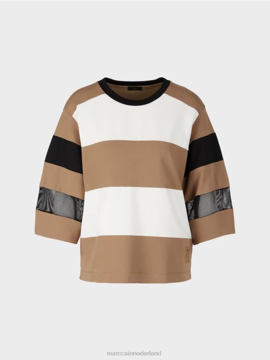 kleding lichte koffie 464J1434 gestreept t-shirt met mesh inzetstukken Marc Cain