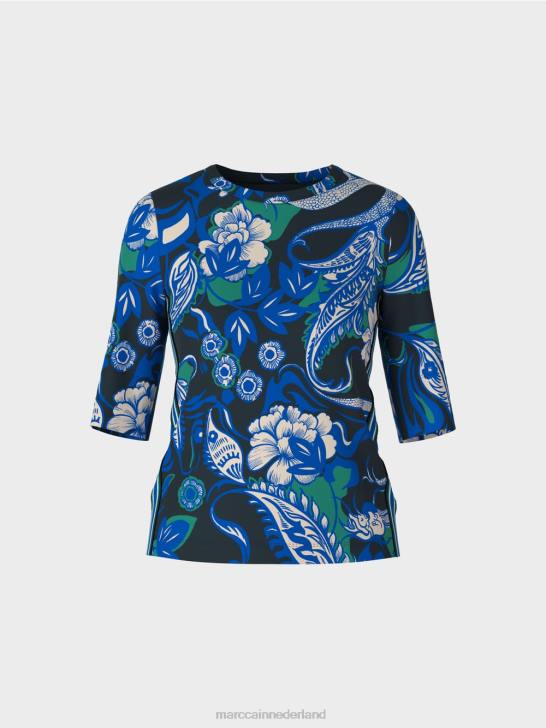 kleding middernacht blauw 464J1236 katoenen ribshirt met tattoo-ontwerp Marc Cain