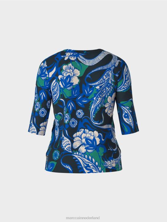 kleding middernacht blauw 464J1236 katoenen ribshirt met tattoo-ontwerp Marc Cain