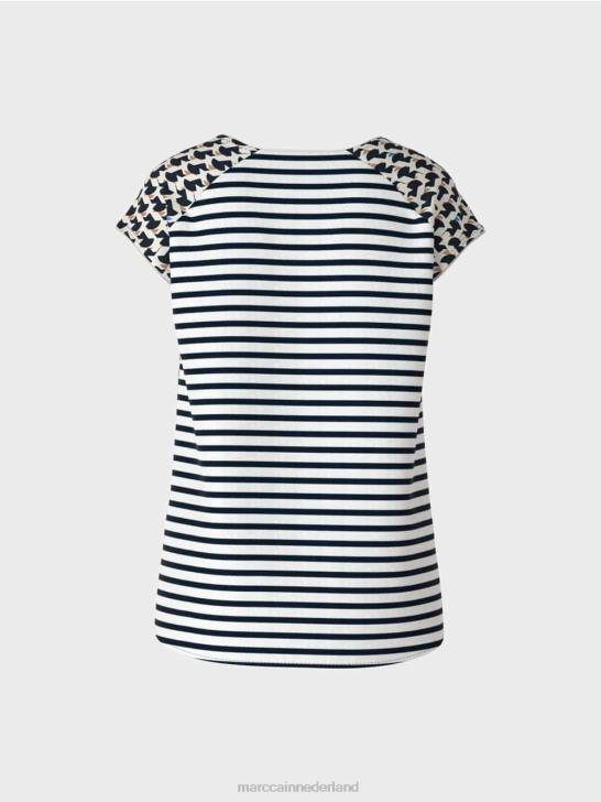kleding middernacht blauw 464J1355 geribbeld T-shirt met patroonmix Marc Cain