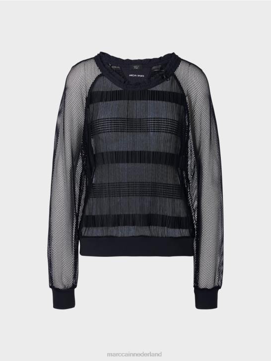 kleding middernacht blauw 464J1360 transparant t-shirt met lange mouwen Marc Cain