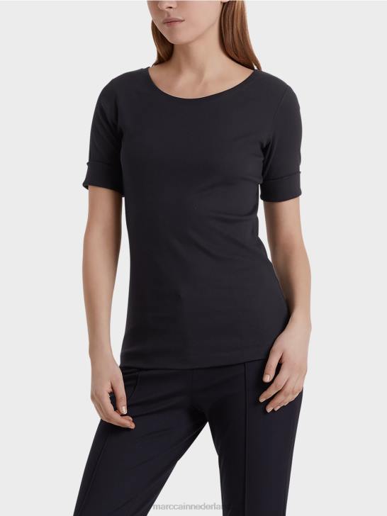 kleding middernacht blauw 464J1466 overhemd met ronde kraag en korte mouwen Marc Cain