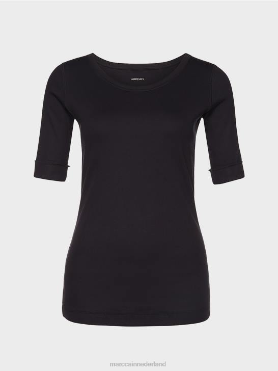 kleding middernacht blauw 464J1466 overhemd met ronde kraag en korte mouwen Marc Cain