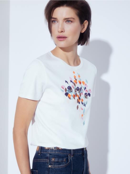 kleding sfeervol blauw 464J1454 t-shirt met kralen en jaren 60 design Marc Cain