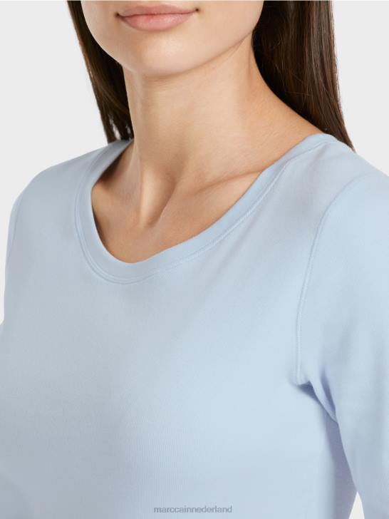 kleding zacht poederblauw 464J1305 effen t-shirt met 3/4 mouwen Marc Cain