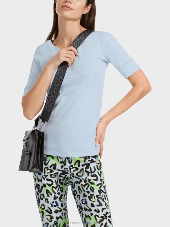 kleding zacht poederblauw 464J1305 effen t-shirt met 3/4 mouwen Marc Cain