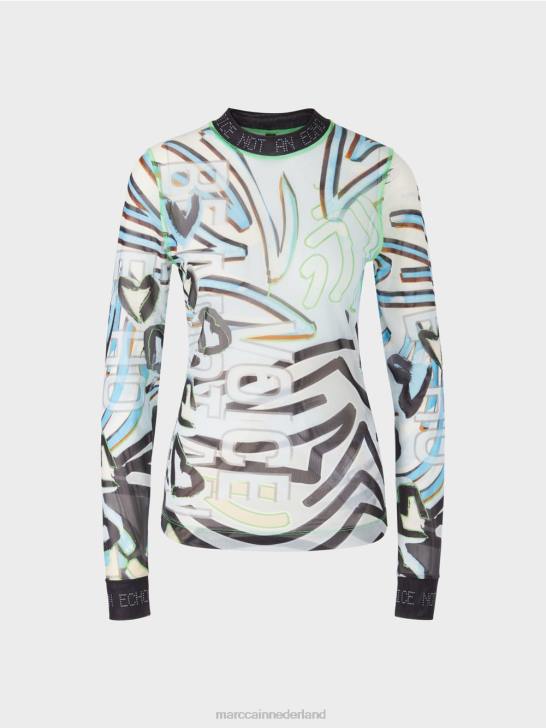 kleding zacht poederblauw 464J1306 soepel shirt met lange mouwen van tule Marc Cain