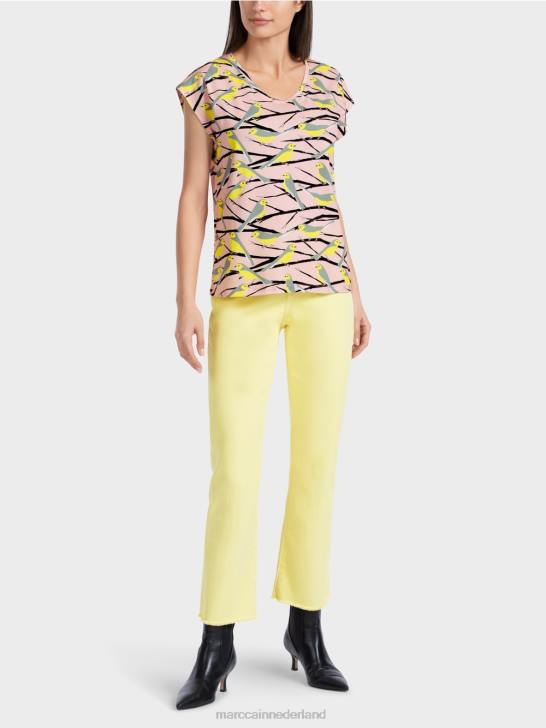 kleding zacht poederroze 464J1316 mouwloos t-shirt met vogelontwerp Marc Cain