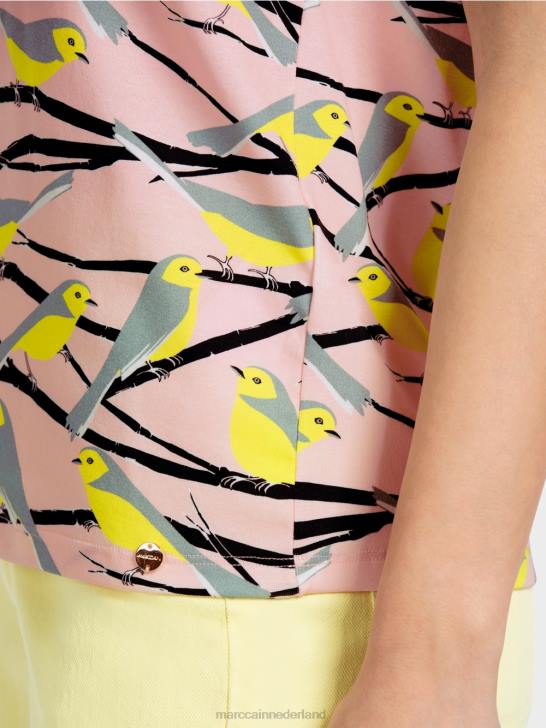 kleding zacht poederroze 464J1316 mouwloos t-shirt met vogelontwerp Marc Cain