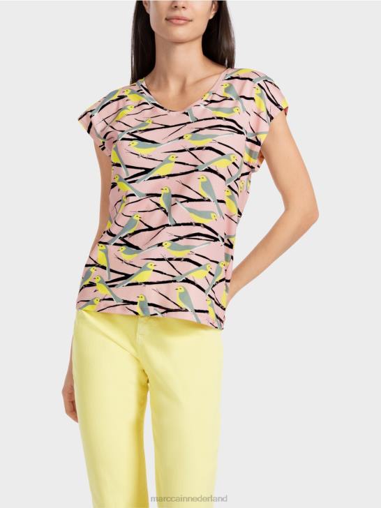 kleding zacht poederroze 464J1316 mouwloos t-shirt met vogelontwerp Marc Cain