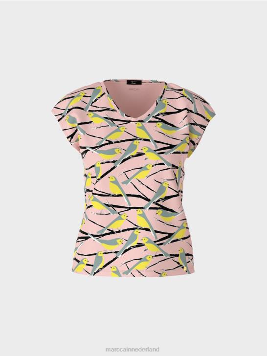 kleding zacht poederroze 464J1316 mouwloos t-shirt met vogelontwerp Marc Cain