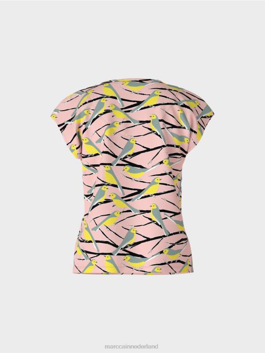 kleding zacht poederroze 464J1316 mouwloos t-shirt met vogelontwerp Marc Cain