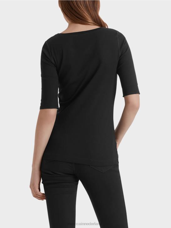 kleding zwart 464J1480 overhemd met ronde kraag en korte mouwen Marc Cain