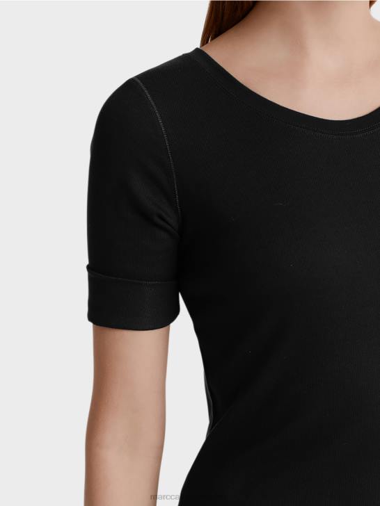 kleding zwart 464J1480 overhemd met ronde kraag en korte mouwen Marc Cain