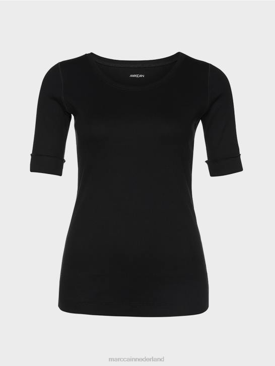 kleding zwart 464J1480 overhemd met ronde kraag en korte mouwen Marc Cain