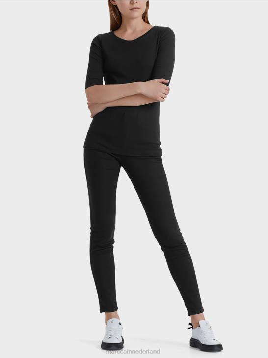 kleding zwart 464J1480 overhemd met ronde kraag en korte mouwen Marc Cain