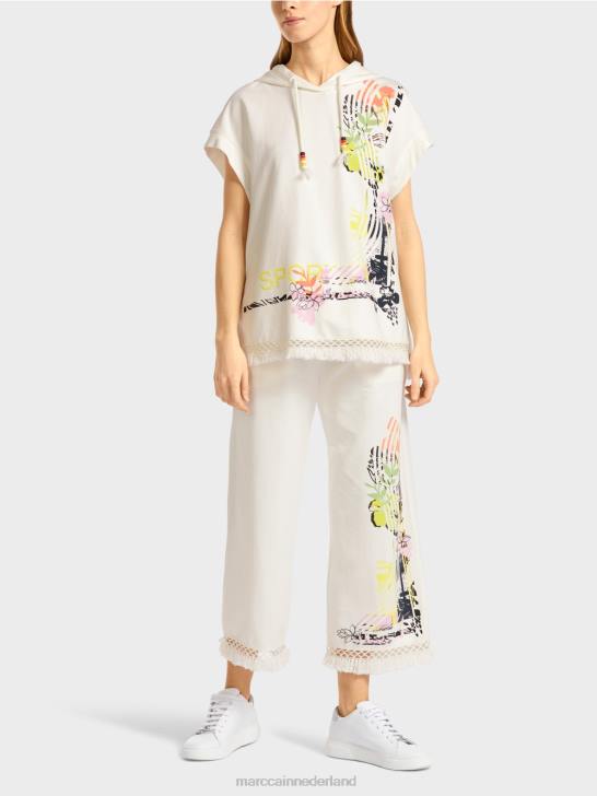 kleding gebroken wit 464J1225 sweatshirt met capuchon en franjes Marc Cain