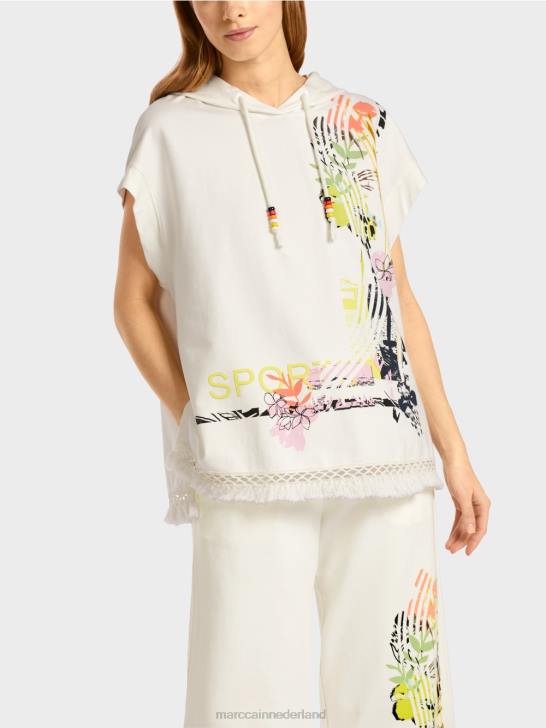 kleding gebroken wit 464J1225 sweatshirt met capuchon en franjes Marc Cain