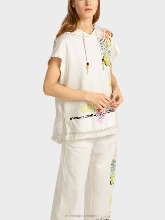kleding gebroken wit 464J1225 sweatshirt met capuchon en franjes Marc Cain