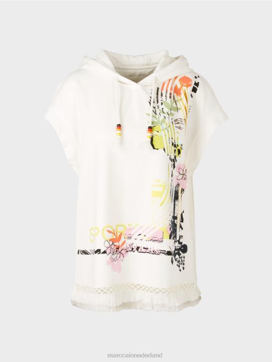 kleding gebroken wit 464J1225 sweatshirt met capuchon en franjes Marc Cain