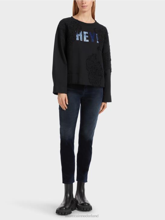 kleding middernacht blauw 464J1219 sweatshirt met glitters en kant Marc Cain