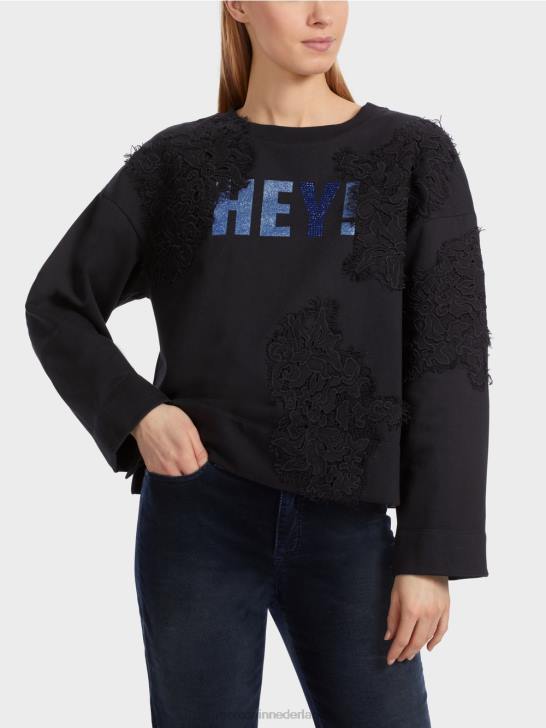 kleding middernacht blauw 464J1219 sweatshirt met glitters en kant Marc Cain