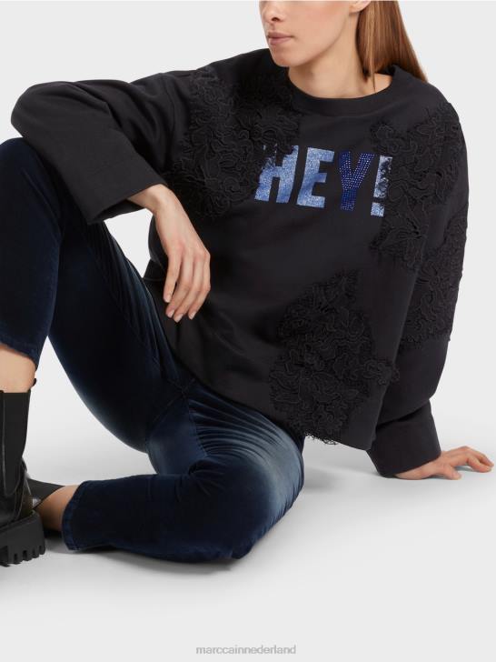 kleding middernacht blauw 464J1219 sweatshirt met glitters en kant Marc Cain