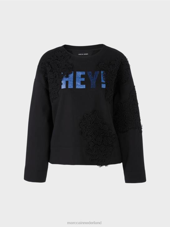 kleding middernacht blauw 464J1219 sweatshirt met glitters en kant Marc Cain