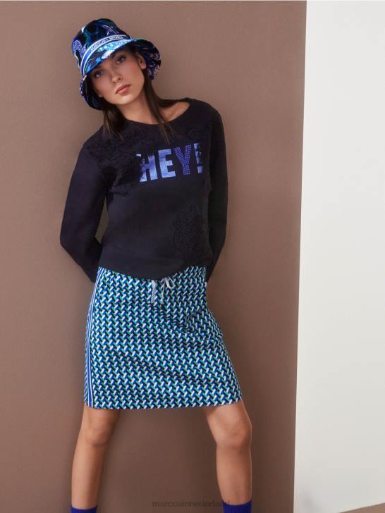 kleding middernacht blauw 464J1219 sweatshirt met glitters en kant Marc Cain