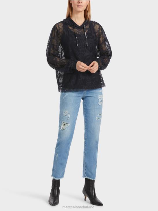 kleding middernacht blauw 464J1220 Tule kanten hoodie Marc Cain