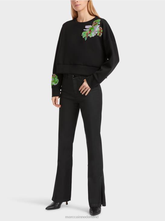 kleding zwart 464J1221 sweatshirt met bloemenapplicatie Marc Cain